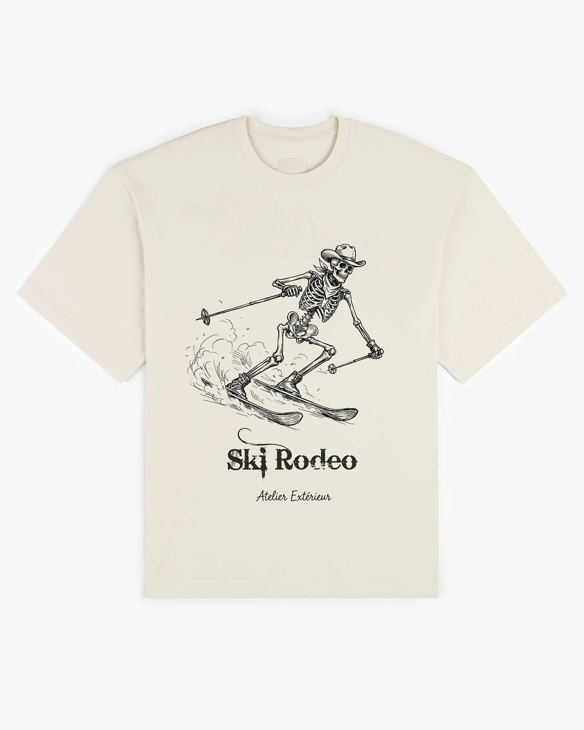 Ecru cotton Ski Rodeo tee, front view, with the western ski print