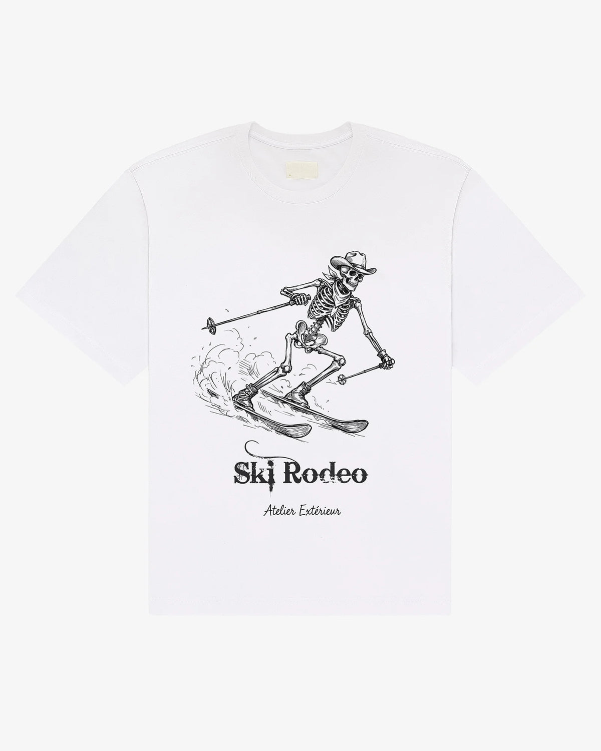 White cotton Ski Rodeo tee, front view, with the western ski print