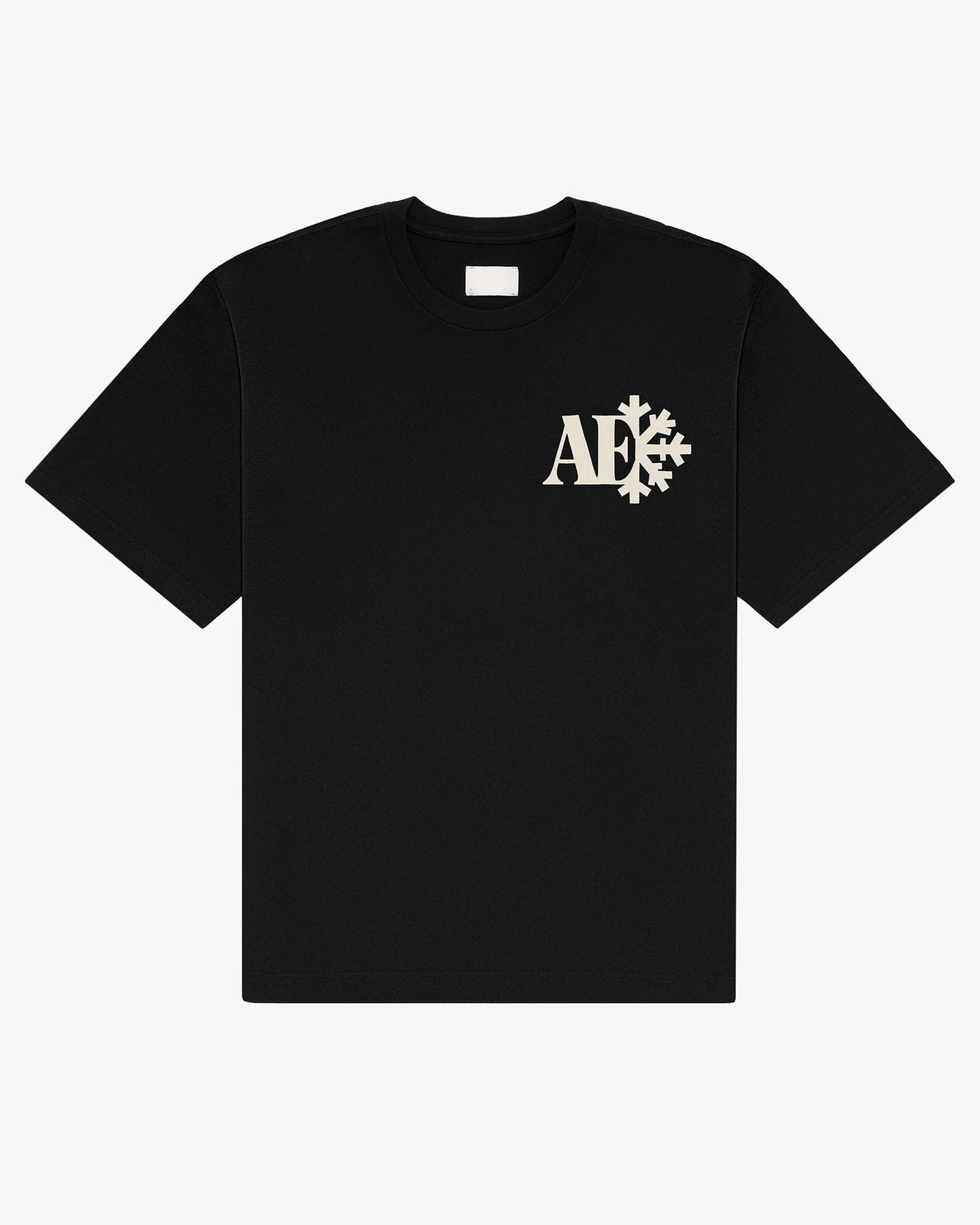 Snowflake tee in black, flat lay front view with cream monogram snowflake chest print