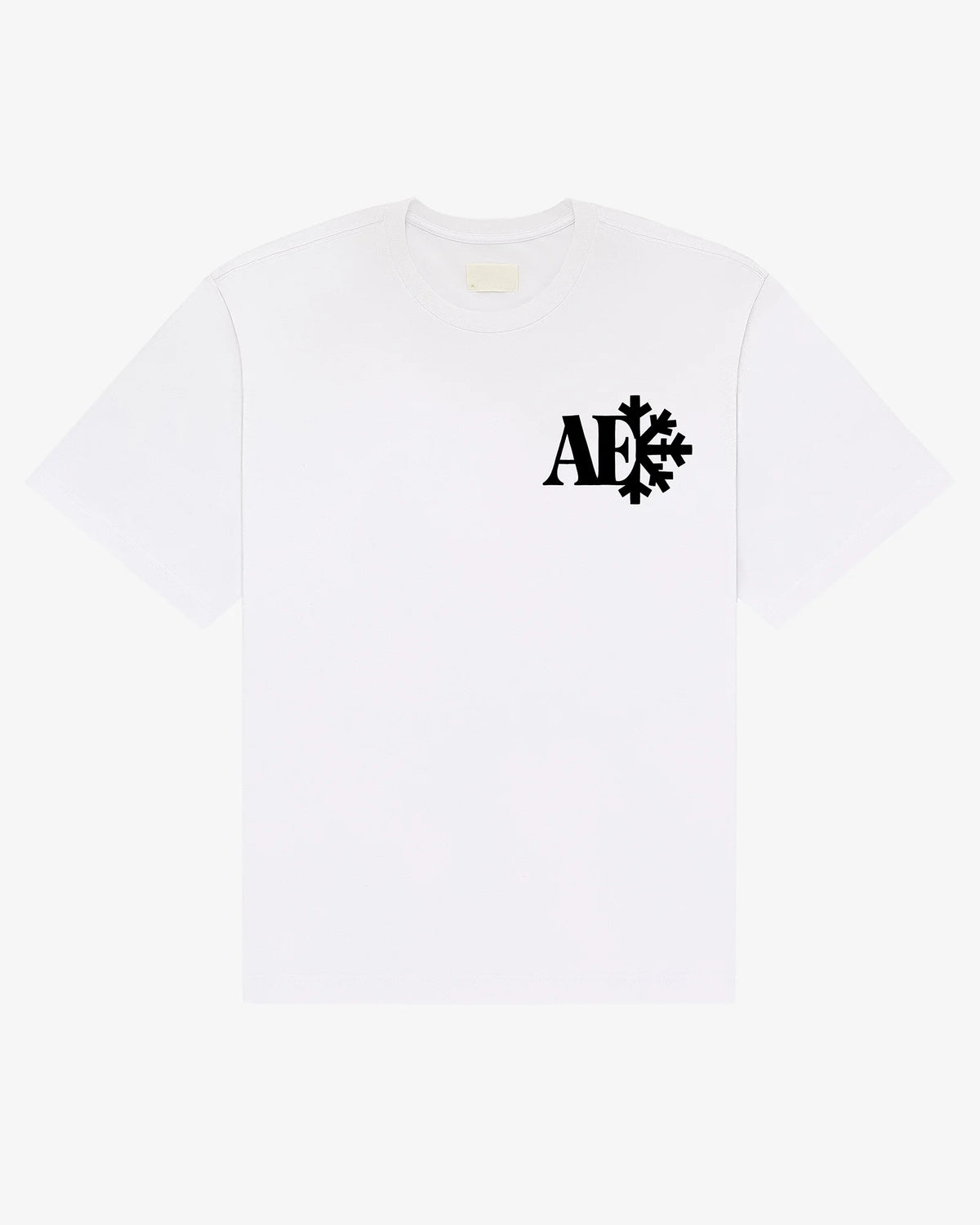 Snowflake tee in white, flat lay front view with monogram snowflake chest print