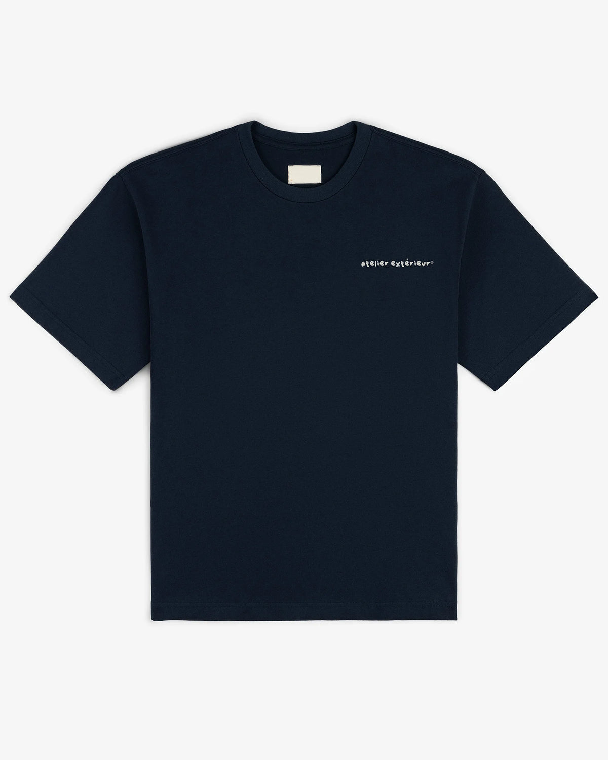 Skiing or Me tee in navy, flat lay front view with small atelier exterieur chest print