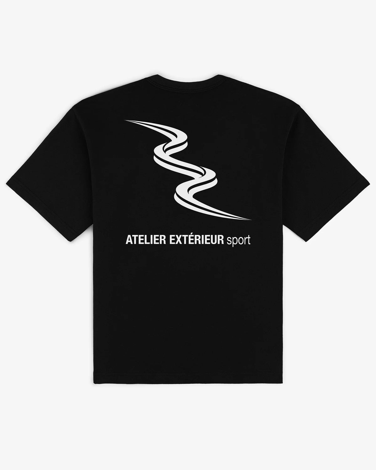 Sport tee in black, flat lay back view with tricolore slalom line and Atelier Extérieur Sport wordmark