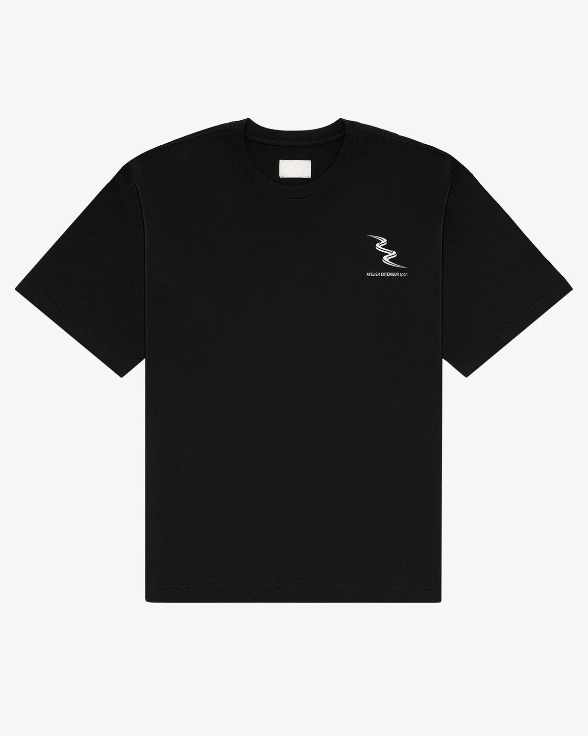 Sport tee in black, flat lay front view with small chest print