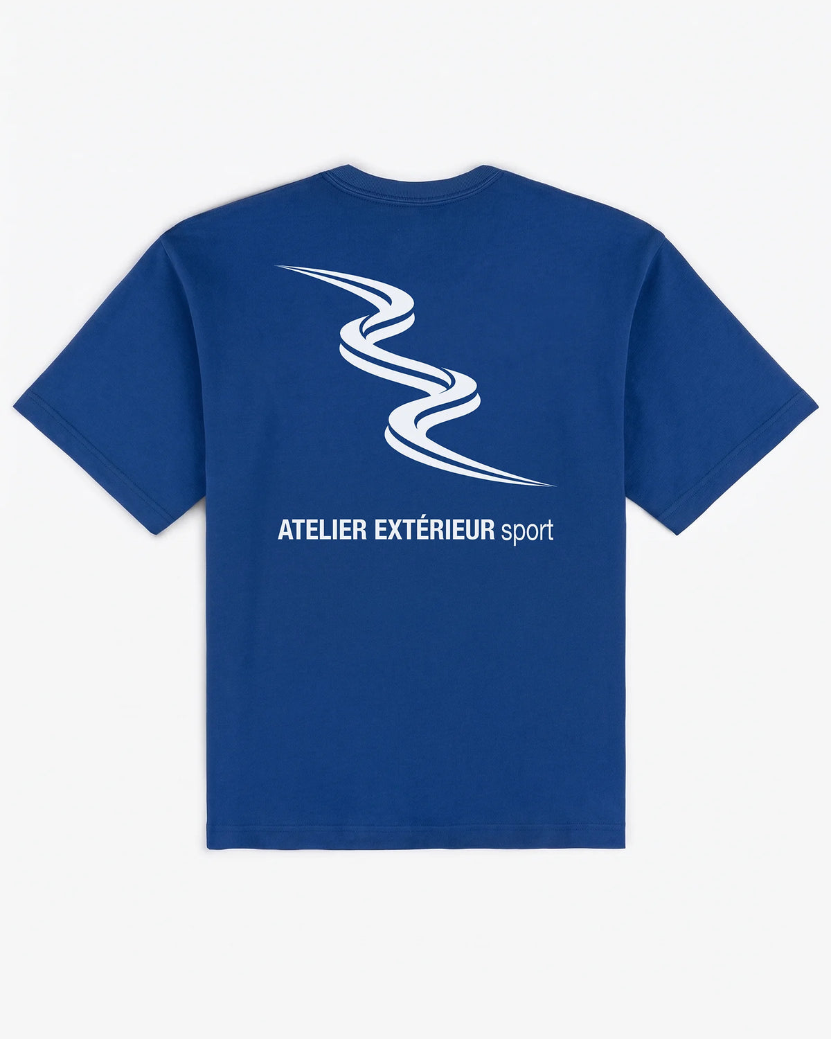 Sport tee in blue, flat lay back view with tricolore slalom line and Atelier Extérieur Sport wordmark