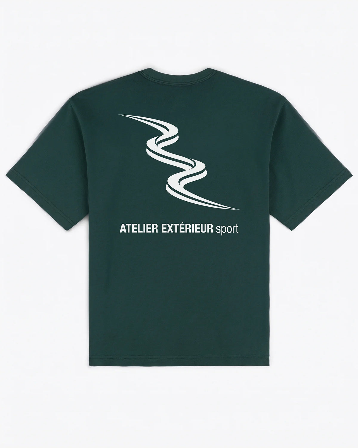 Sport tee in green, flat lay back view with tricolore slalom line and Atelier Extérieur Sport wordmark