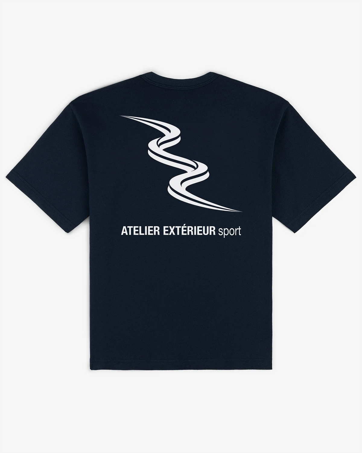 Sport tee in navy, flat lay back view with tricolore slalom line and Atelier Extérieur Sport wordmark