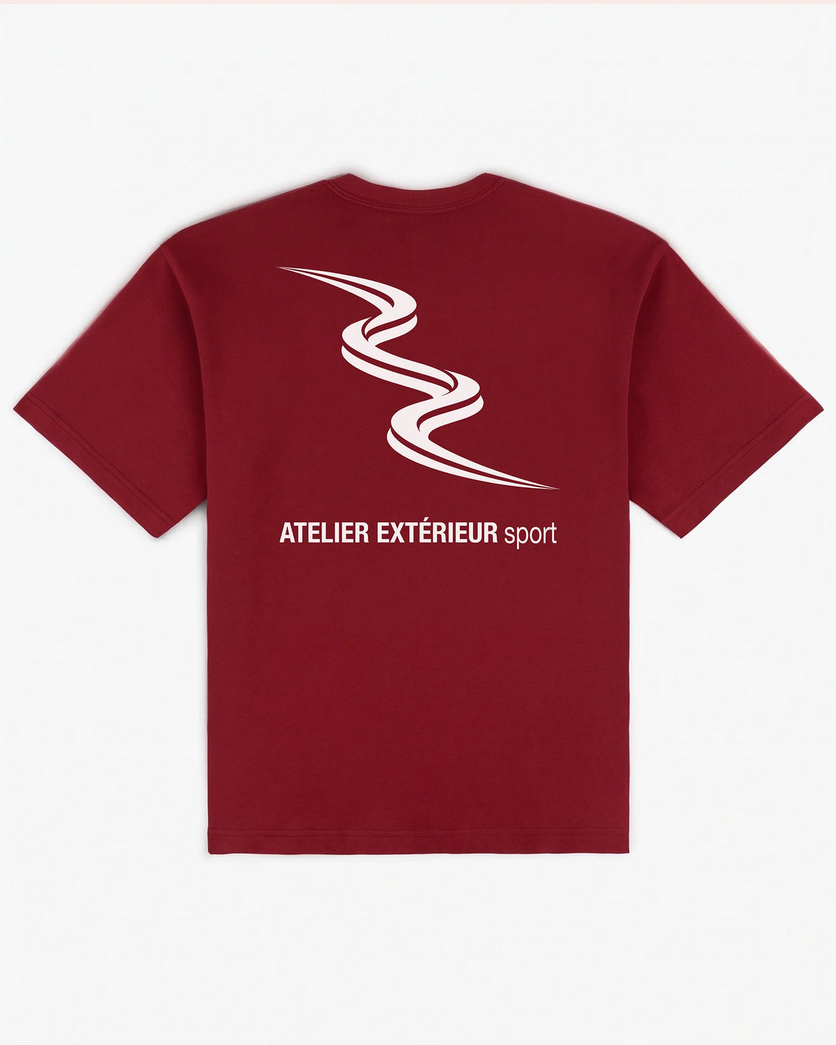 Sport tee in red, flat lay back view with tricolore slalom line and Atelier Extérieur Sport wordmark