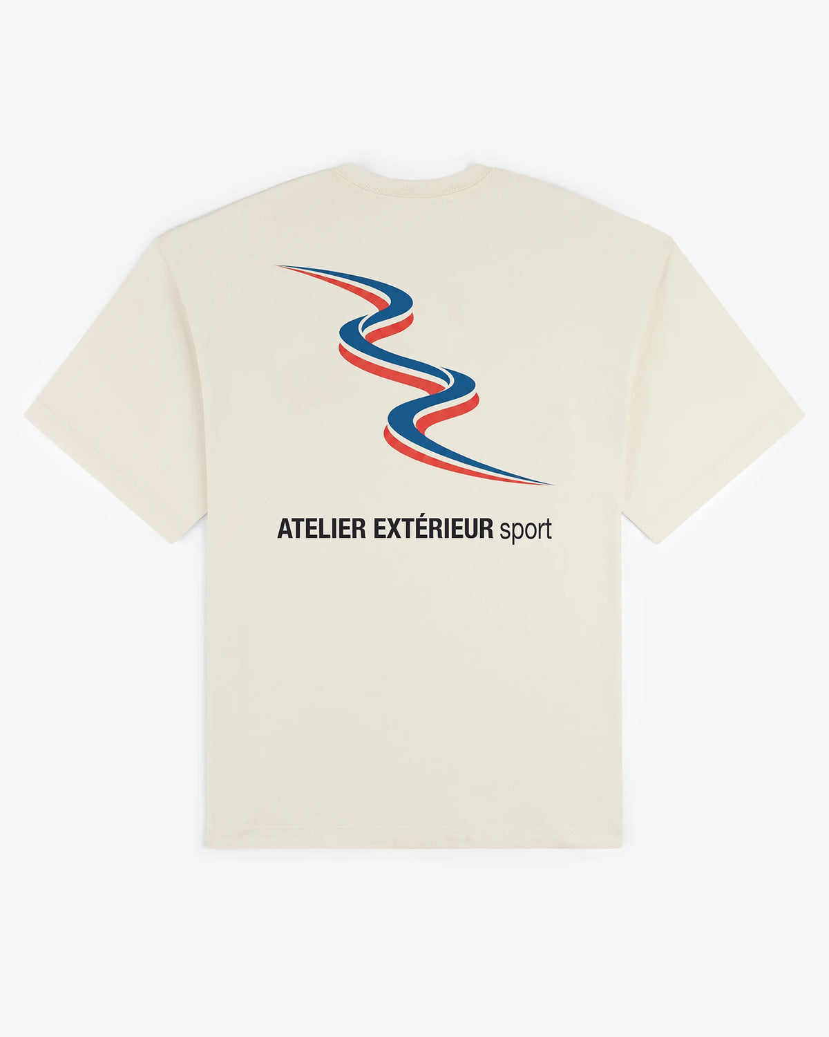 Sport tee in ecru, flat lay back view with tricolore slalom line and Atelier Extérieur Sport wordmark