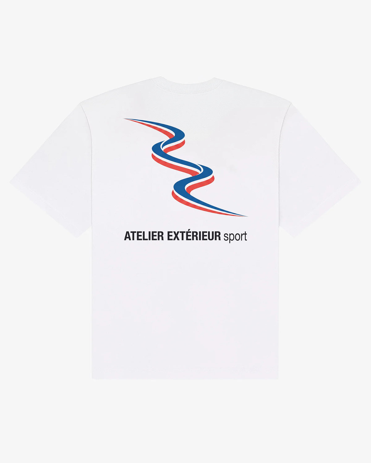 Sport tee in white, flat lay back view with tricolore slalom line and Atelier Extérieur Sport wordmark