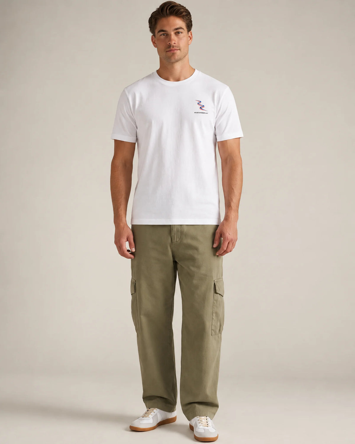 Studio model wearing the white Sport tee, front view