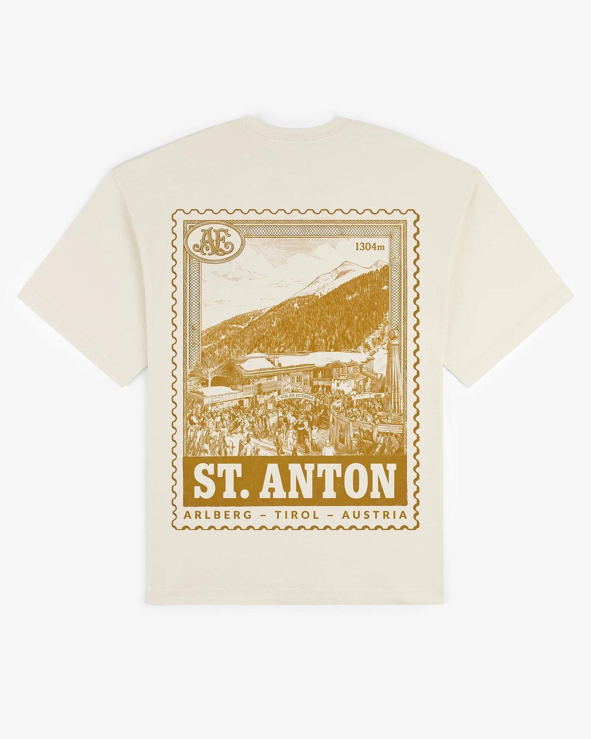 St Anton tee in ecru, flat lay back view with engraved St Anton Arlberg stamp graphic