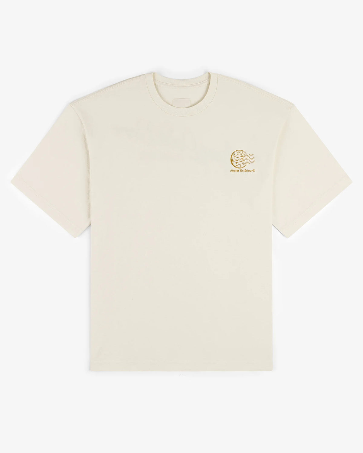 St Anton tee in ecru, flat lay front view with small chest print