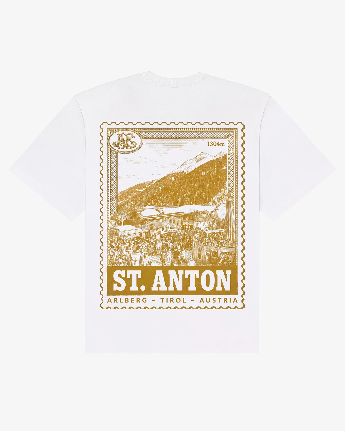 St Anton tee in white, flat lay back view with engraved St Anton Arlberg stamp graphic