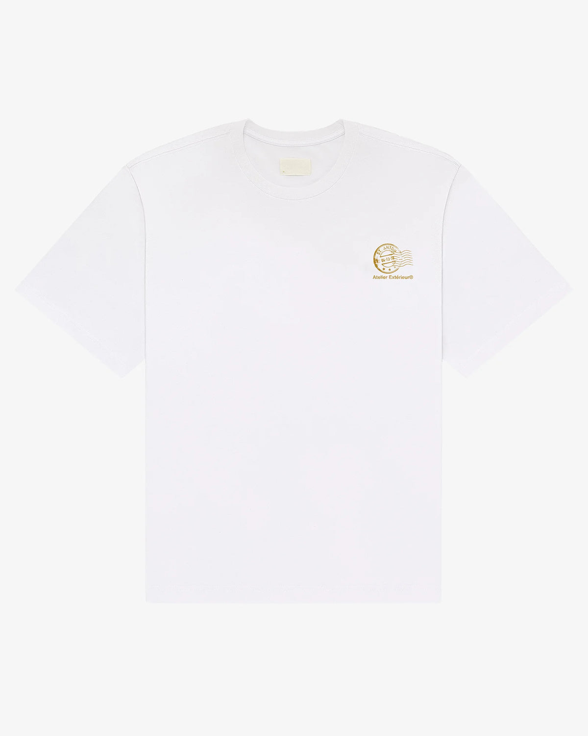 St Anton tee in white, flat lay front view with small chest print