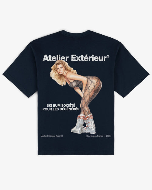 Tanya tee in navy, flat lay back view with hand-painted Ski Bum Société graphic