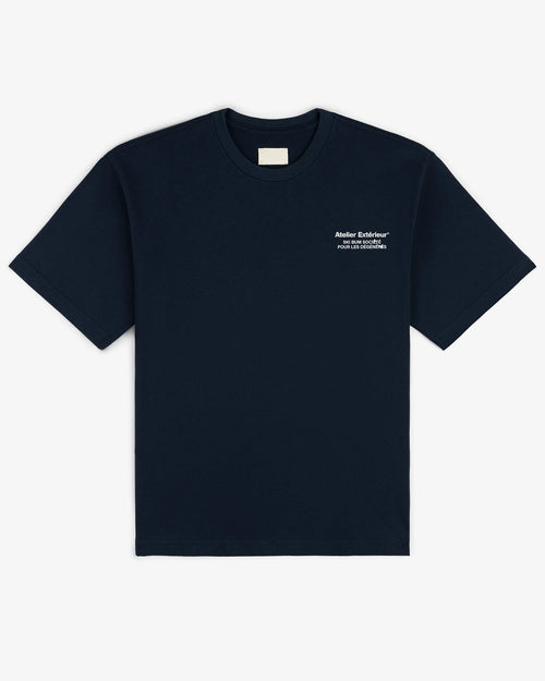 Tanya tee in navy, flat lay front view with small chest print