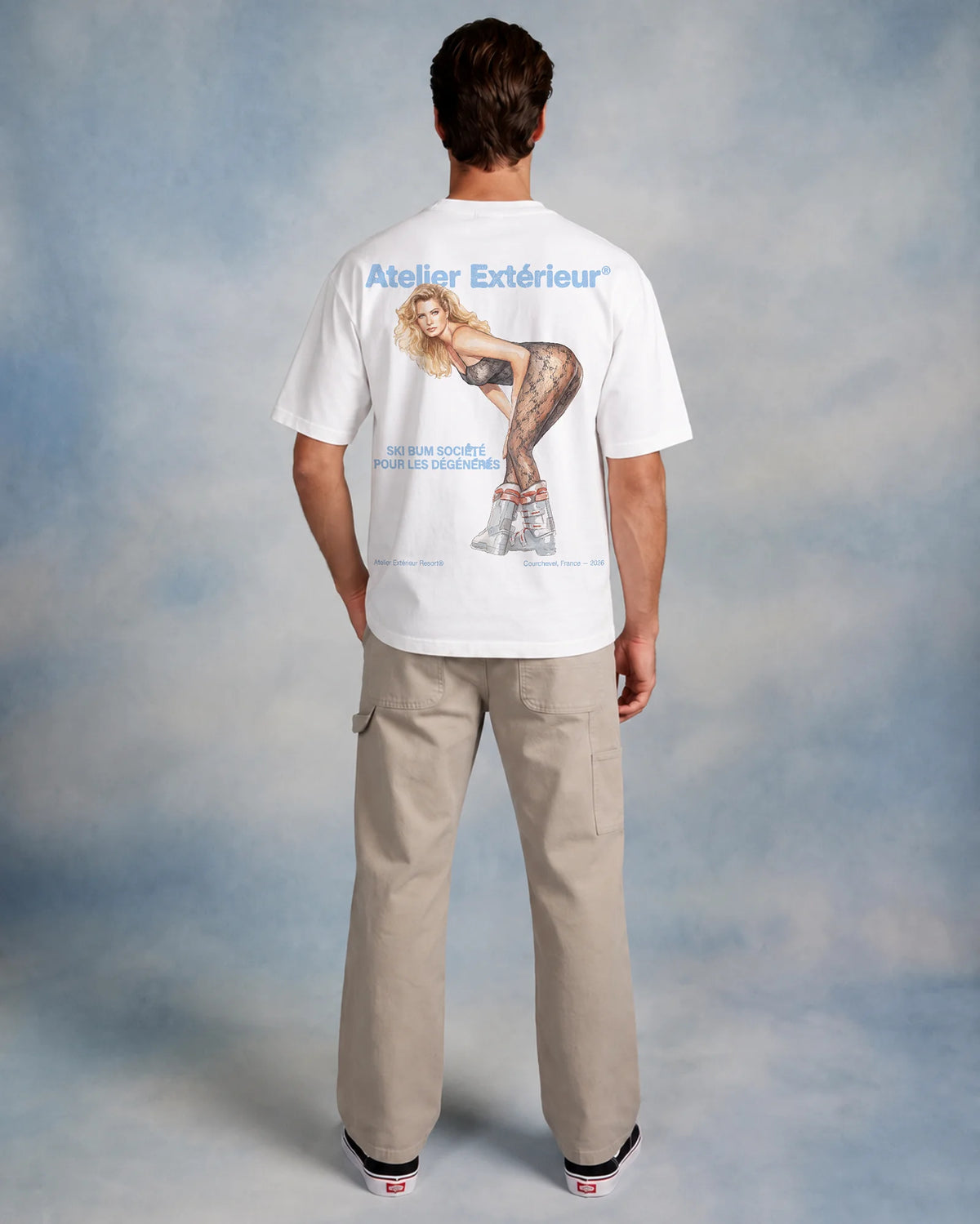 Studio model wearing the white Tanya tee, back view