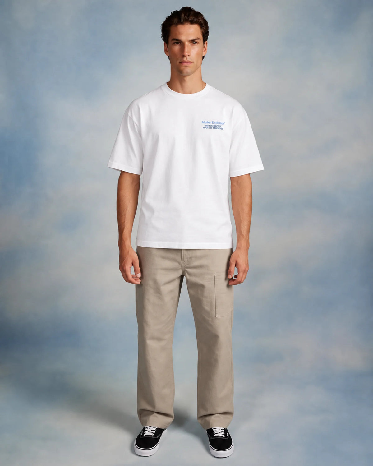 Studio model wearing the white Tanya tee, front view