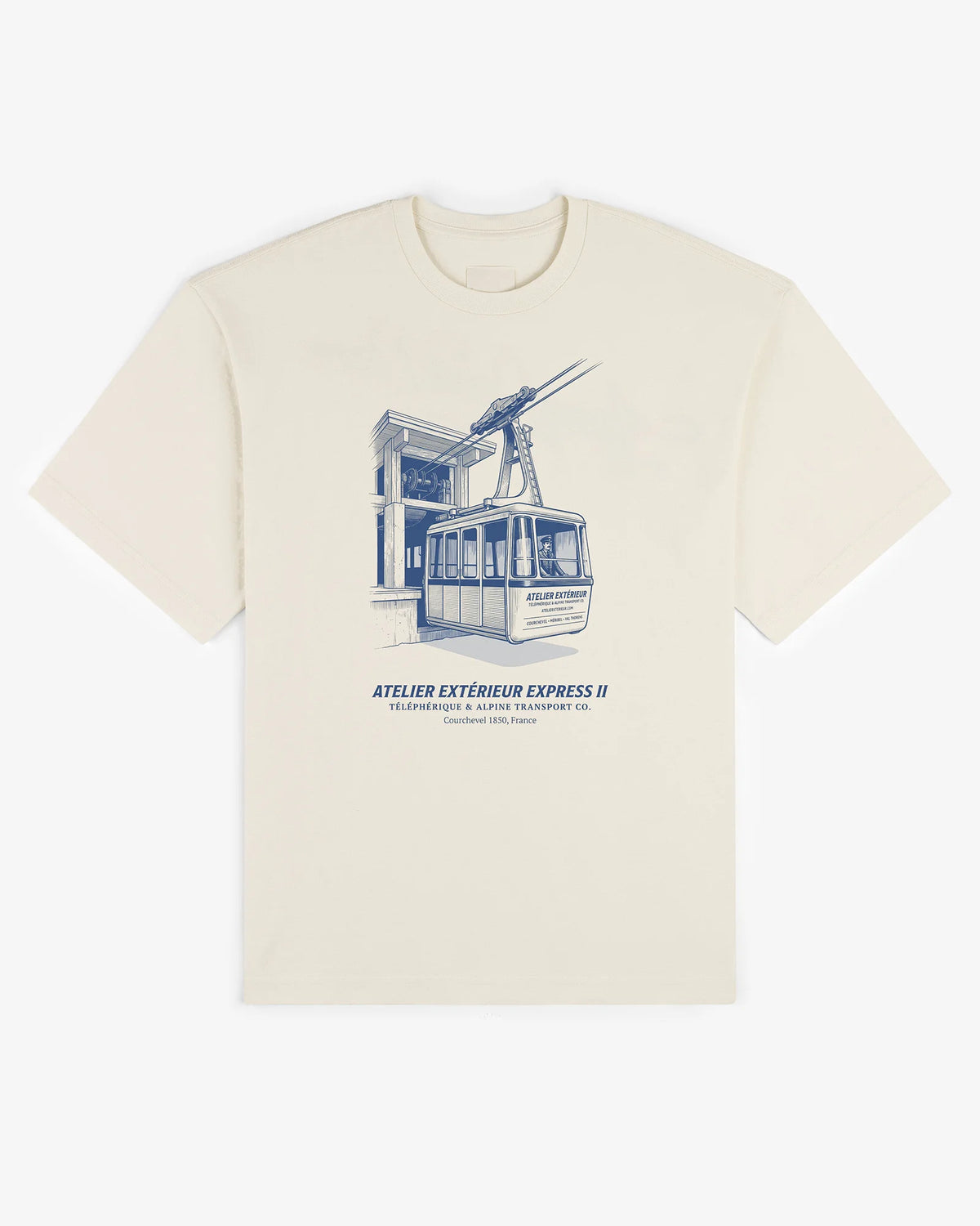 Télécabine tee in ecru, flat lay front view with engraved Courchevel 1850 cable car print