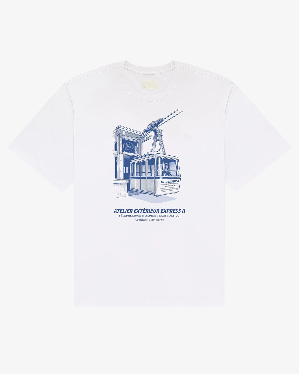 Télécabine tee in white, flat lay front view with engraved Courchevel 1850 cable car print