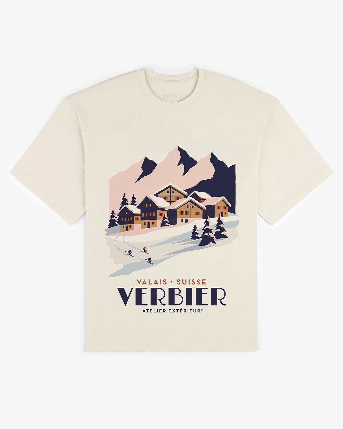 Verbier tee in ecru, flat lay front view with illustrated Valais alpine print