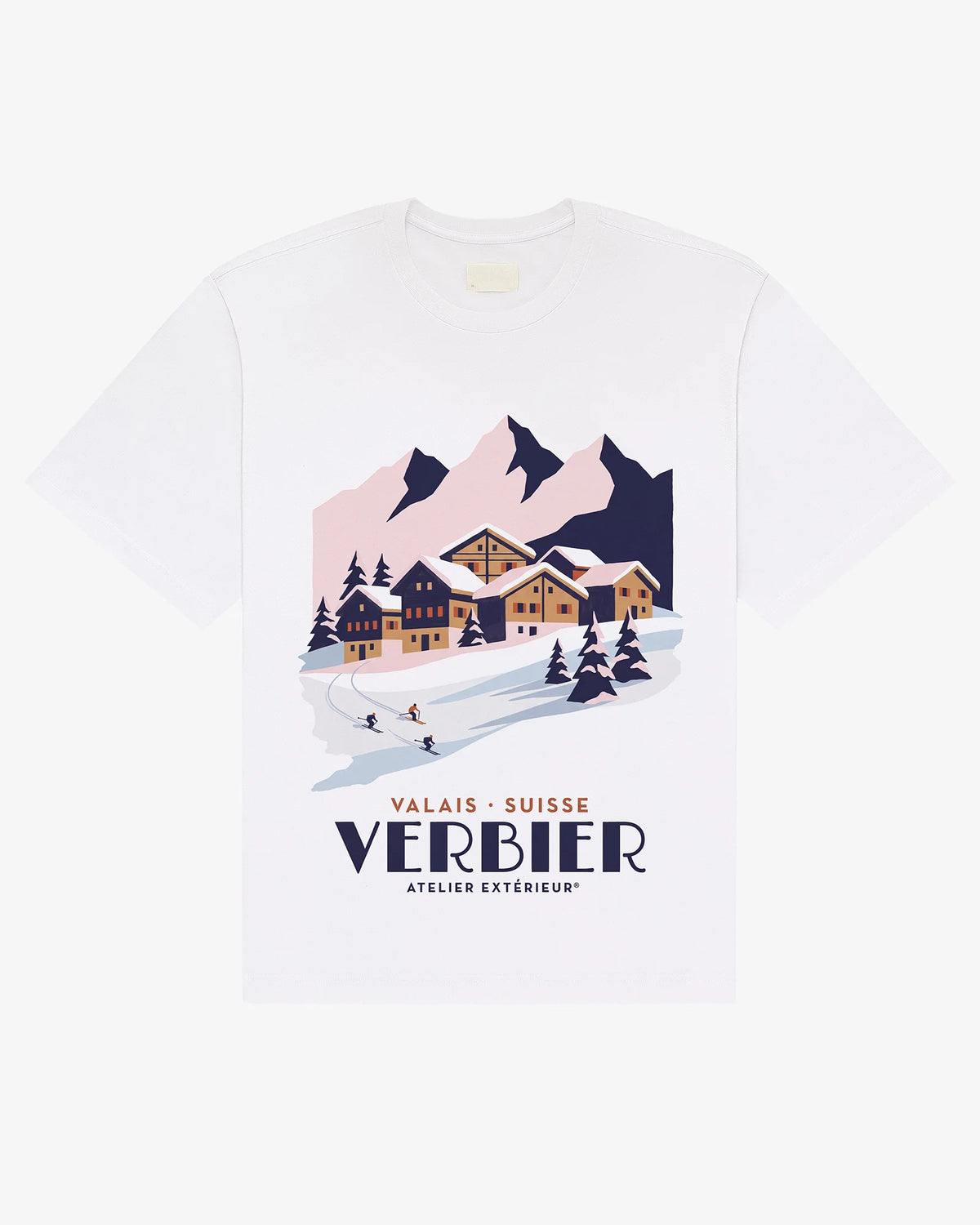Verbier tee in white, flat lay front view with illustrated Valais alpine print