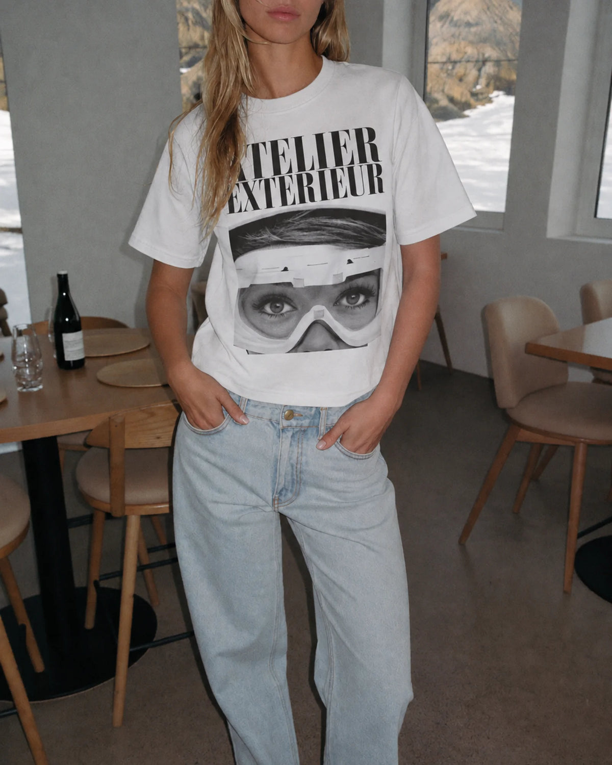 Woman wearing the Vintage Tee, on location
