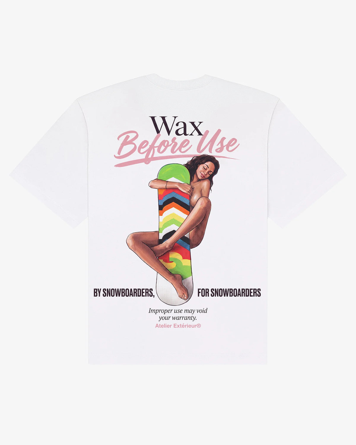Wax Before Use tee in white, flat lay back view with ski tuning graphic