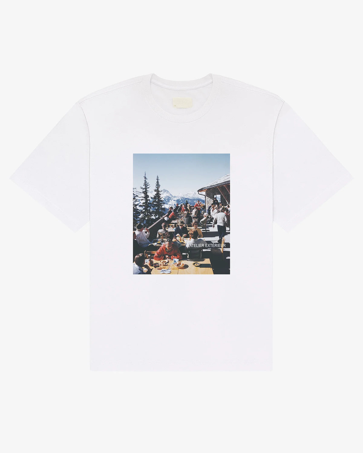 Winter Lunch tee in white, flat lay front view with archive mountain restaurant photograph