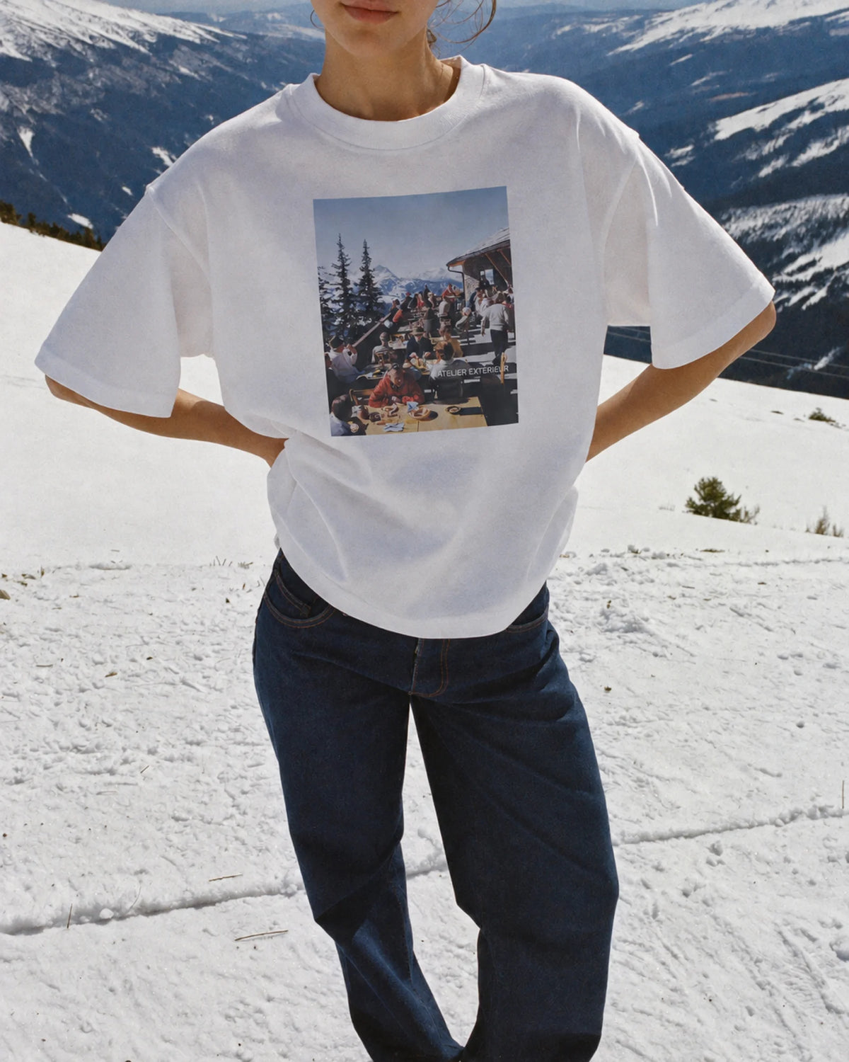 Woman wearing the Winter Lunch Tee, on location