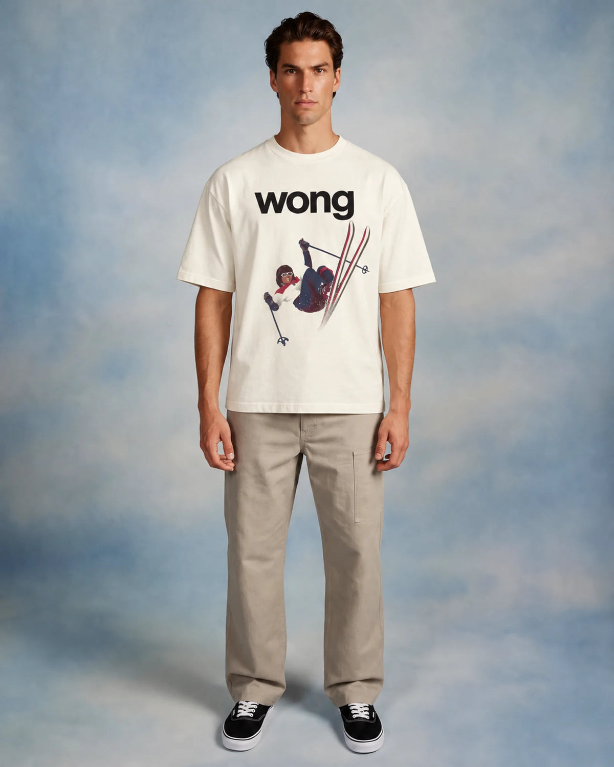 Studio model wearing the ecru Wong tee, front view