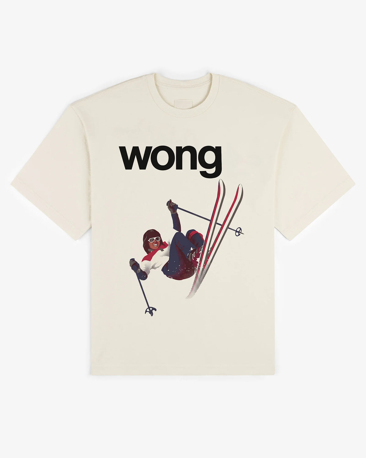 Wong tee in ecru, flat lay front view with illustrated seventies freestyle skier