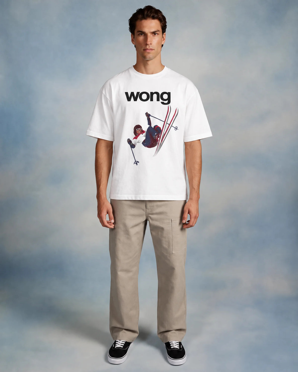 Studio model wearing the white Wong tee, front view