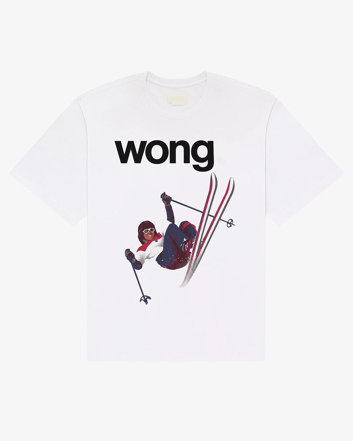 Wong tee in white, flat lay front view with illustrated seventies freestyle skier