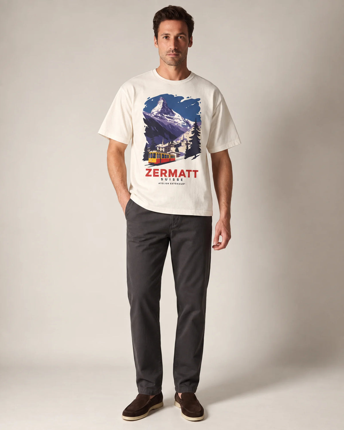 Studio model wearing the ecru Zermatt Vintage tee, front view