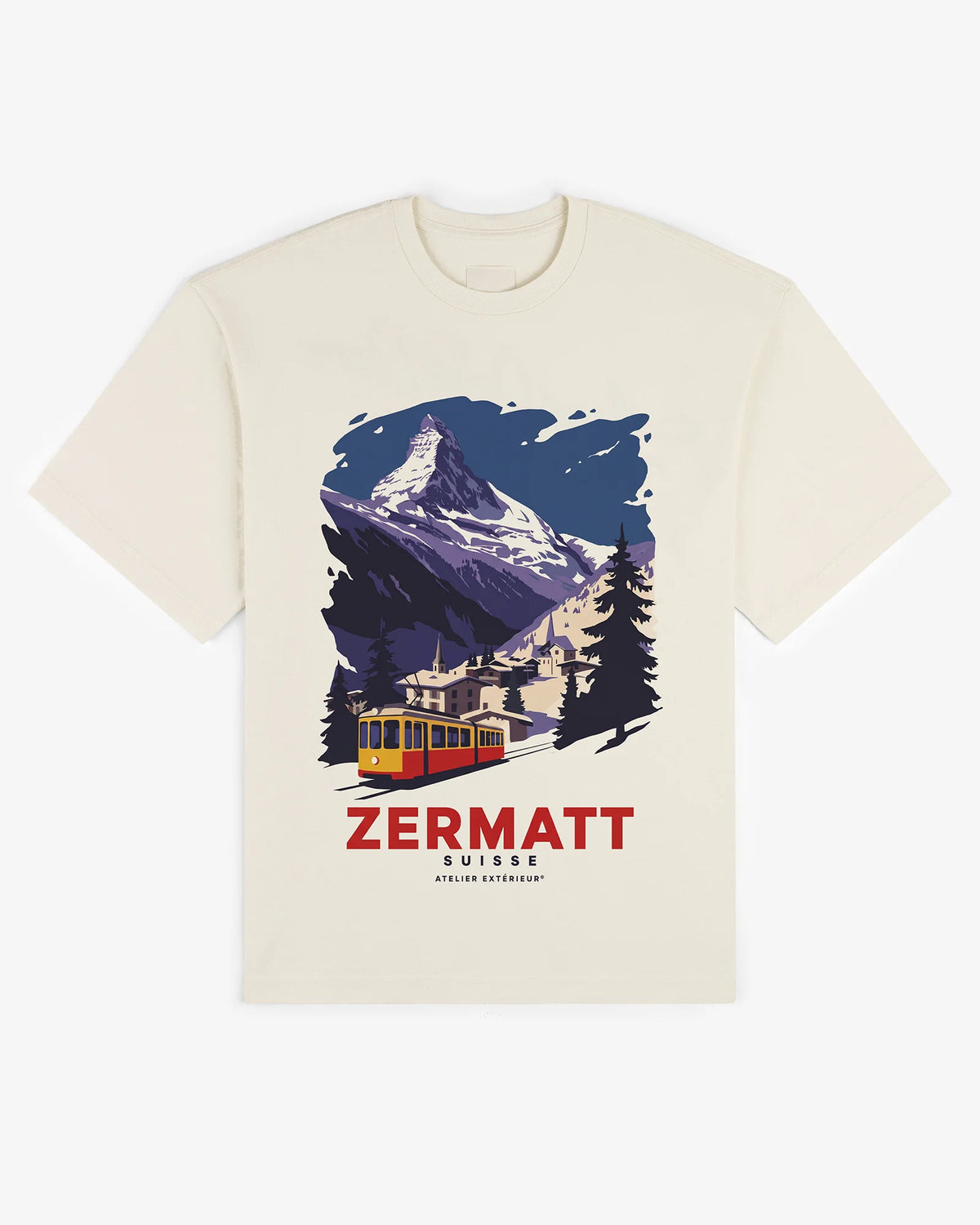 Zermatt Vintage tee in ecru, flat lay front view with illustrated Matterhorn and village tram