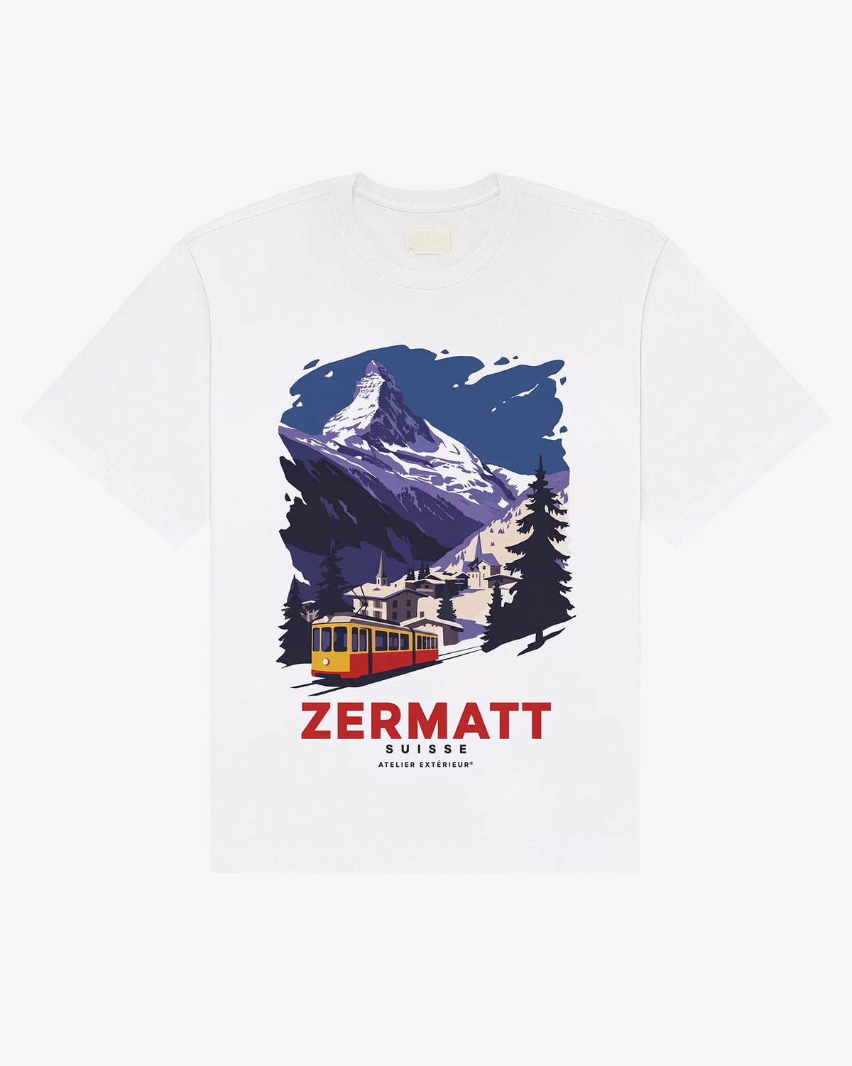 Zermatt Vintage tee in white, flat lay front view with illustrated Matterhorn and village tram